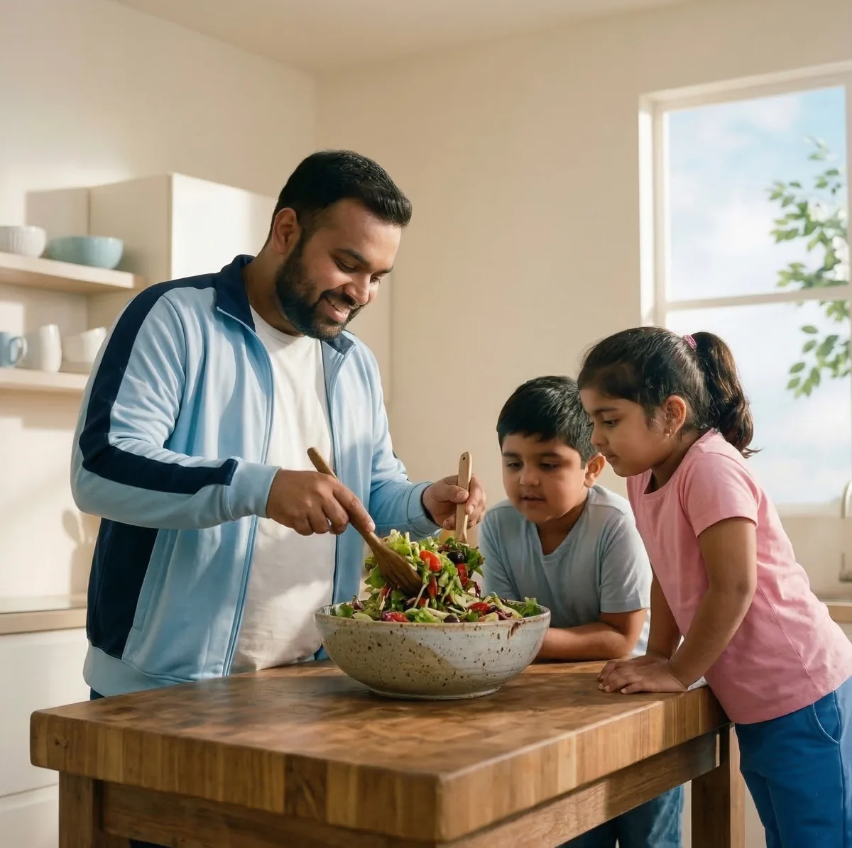 Family preparing a salad together at home