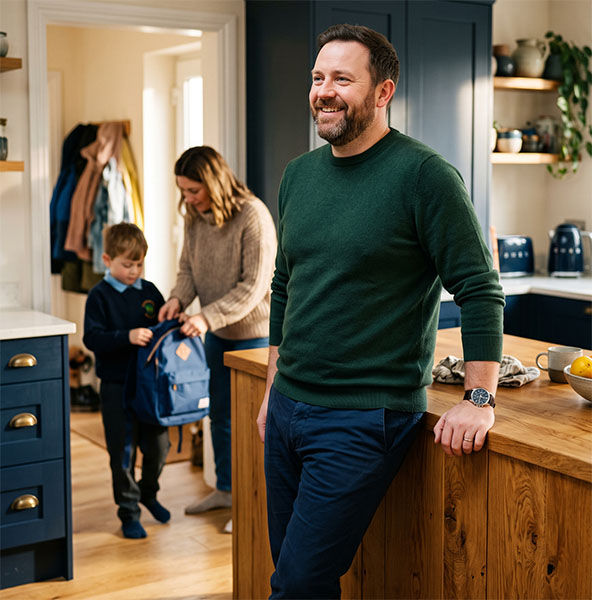 A man at home in the kitchen with his family