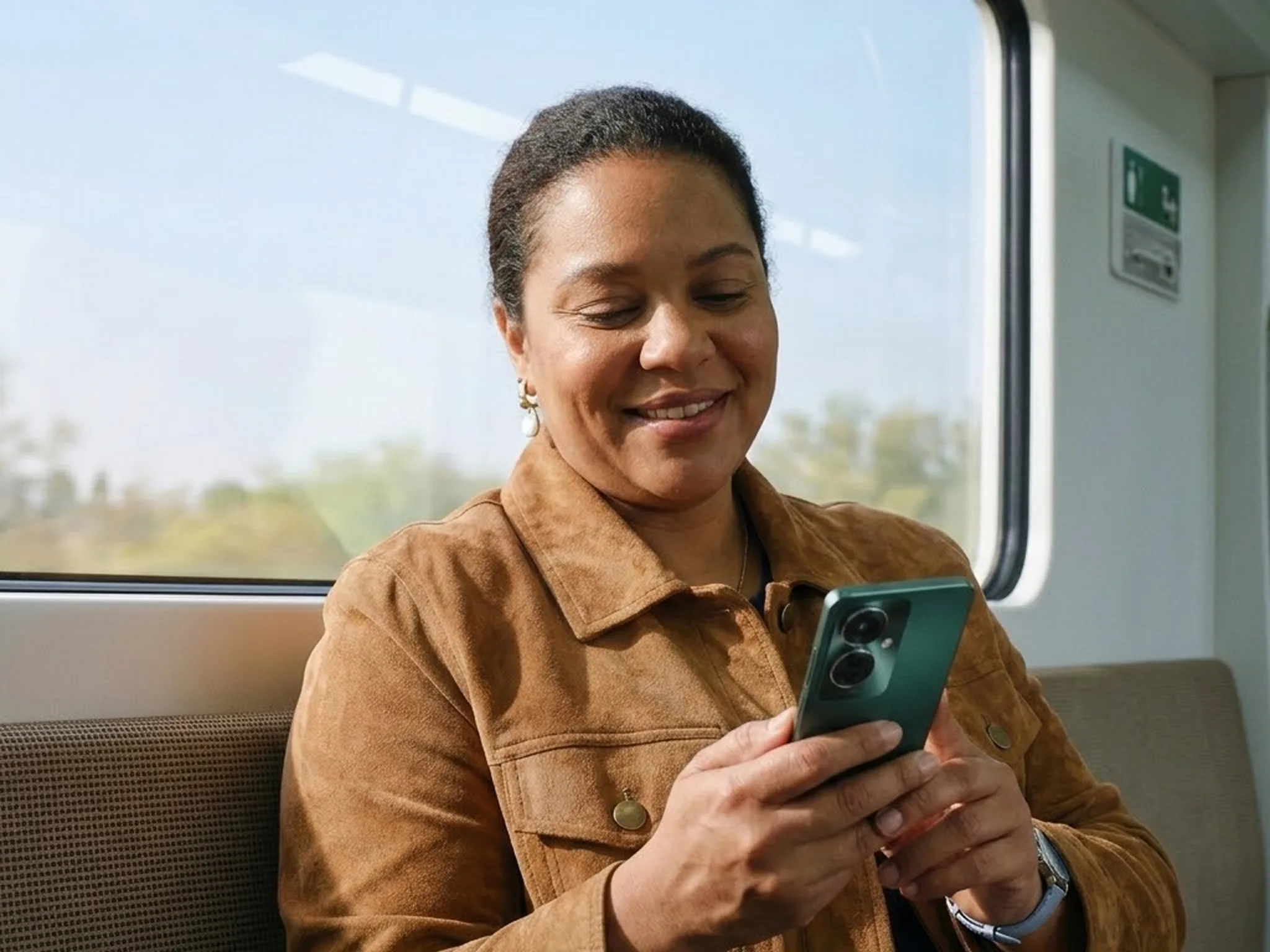 Woman reviewing her phone while travelling by train