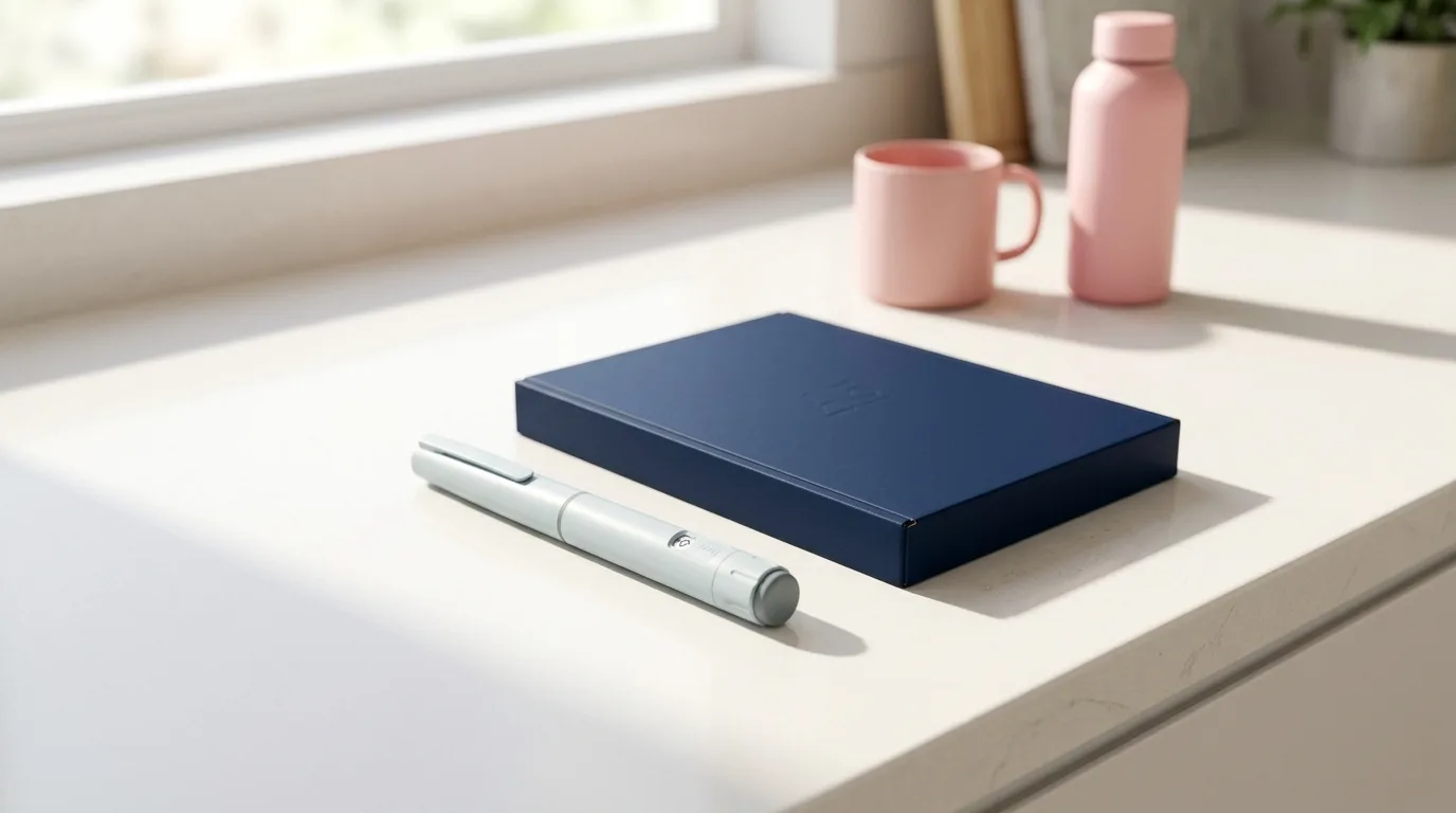 Wegovy-style medical pen and parcel on a bright kitchen counter