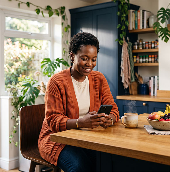 A woman at home looking at her phone in the kitchen
